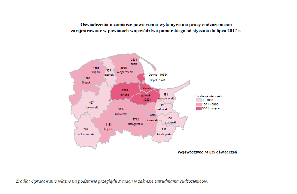 mapa: Oświadczenia o zamiarze powierzenia pracy cudzoziemcom zarejestrowane w powiatach województwa pomorskiego od stycznia do lipca 2017 r.