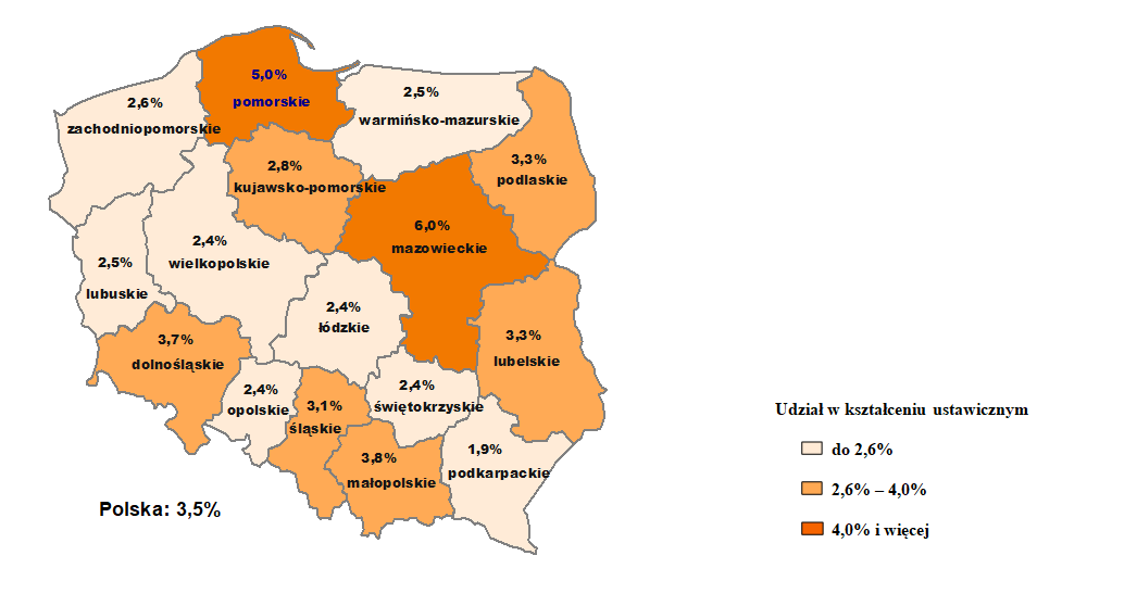 mapa1. Udział osób w wieku 25-64 lata w kształceniu ustawicznym w Polsce według województwa w 2015 r.