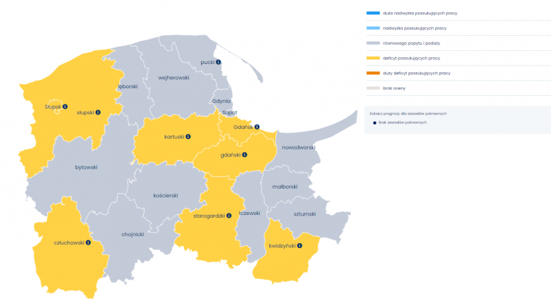 Mapa 1. Relacja między dostępnymi pracownikami a potrzebami pracodawców - prognoza na 2022 rok – pracownicy przetwórstwa spożywczego