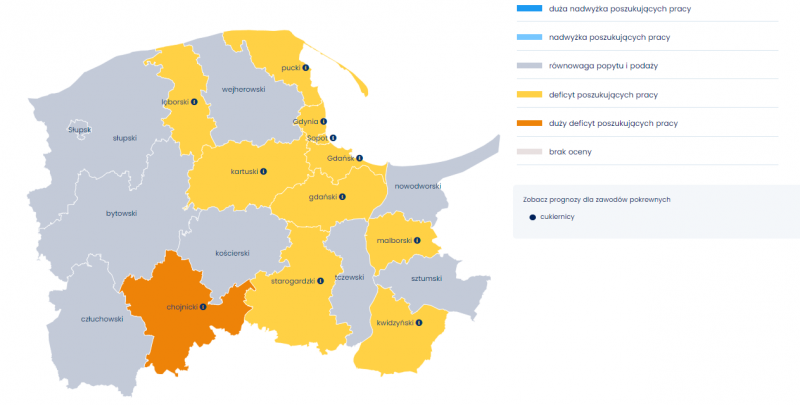 Mapa 3. Relacja między dostępnymi pracownikami a potrzebami pracodawców - prognoza na 2022 rok – piekarze