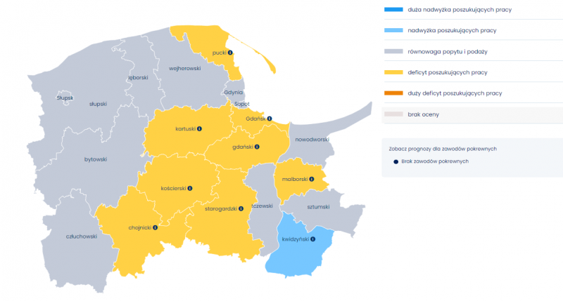 Mapa 4. Relacja między dostępnymi pracownikami a potrzebami pracodawców - prognoza na 2022 rok – cukiernicy