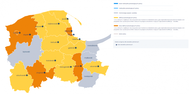 Mapa 2. Relacja między dostępnymi pracownikami a potrzebami pracodawców - prognoza na 2022 rok – przetwórcy mięsa i ryb