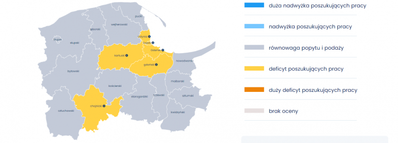 Mapa 1. Relacja między dostępnymi pracownikami a potrzebami pracodawców - pracownicy poligraficzni