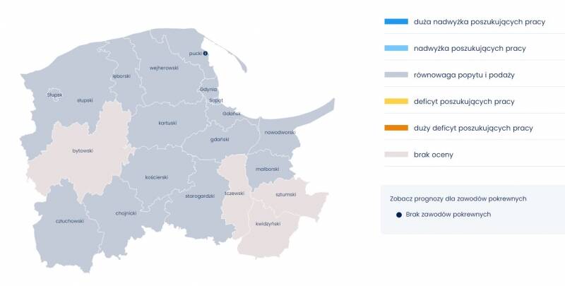 Mapa 1. Relacja między dostępnymi pracownikami a potrzebami pracodawców - prognoza na 2022 - marynarze, pracownicy obsługi statków i portów