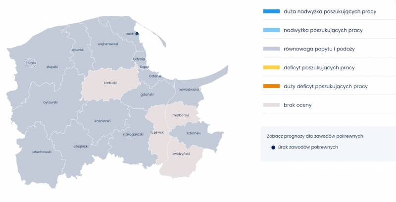 Mapa 2. Relacja między dostępnymi pracownikami a potrzebami pracodawców - prognoza na 2022 - rybacy