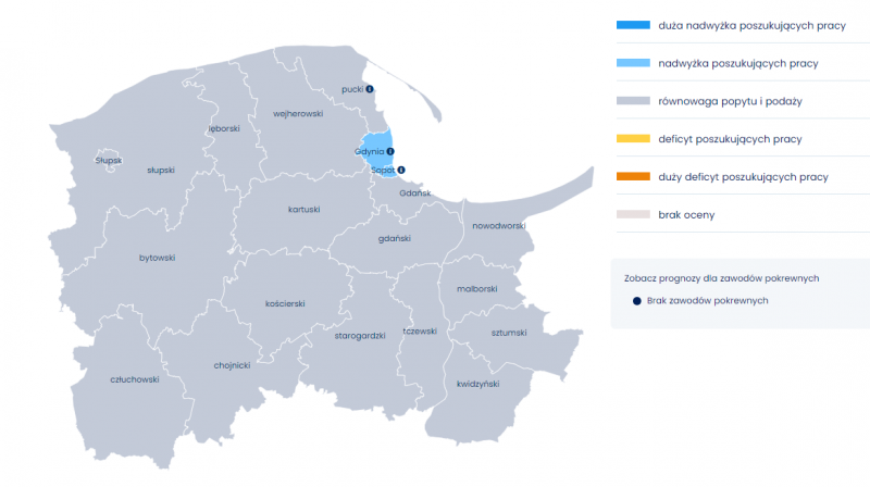 Mapa 1. Relacja między dostępnymi pracownikami a potrzebami pracodawców - plastycy, dekoratorzy wnętrz i konserwatorzy zabytków