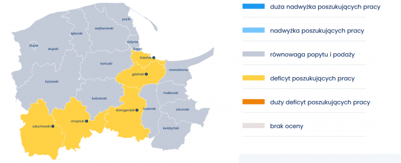 Mapa 1. Relacja między dostępnymi pracownikami a potrzebami pracodawców - specjaliści ds. zarządzania zasobami ludzkimi i rekrutacji