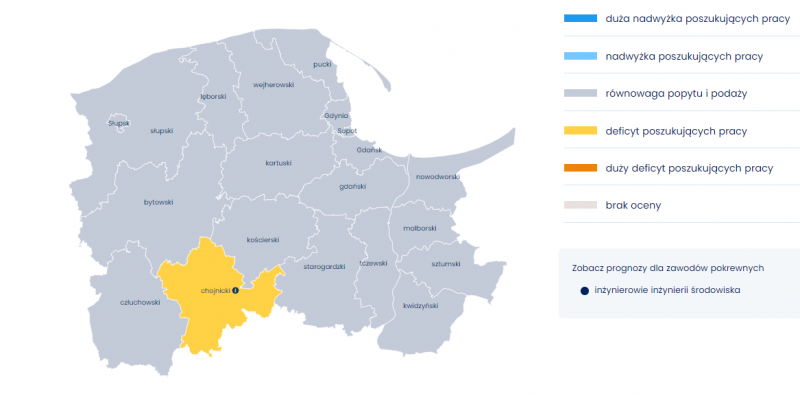 Mapa 1 Relacja między dostępnymi pracownikami a potrzebami pracodawców - pracownicy ds. ochrony środowiska i bhp 